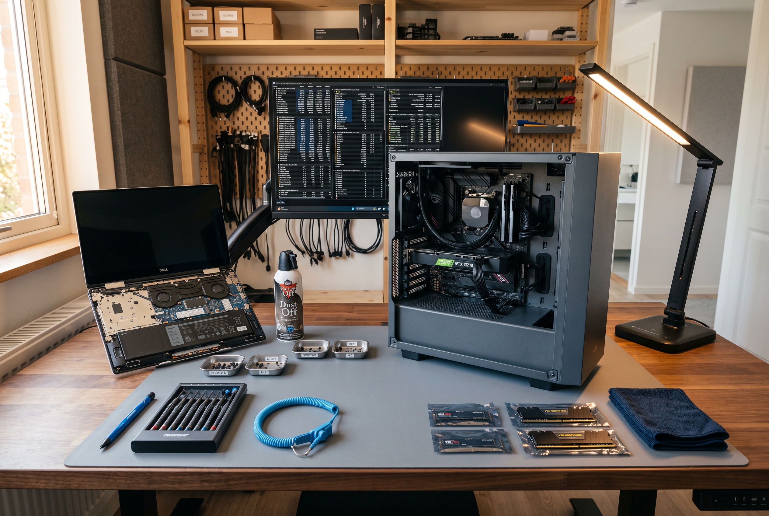A clean PC technician's mobile repair setup — open desktop tower on an anti-static mat, precision tools, compressed air, laptop mid-upgrade, and a diagnostics screen in the background.
